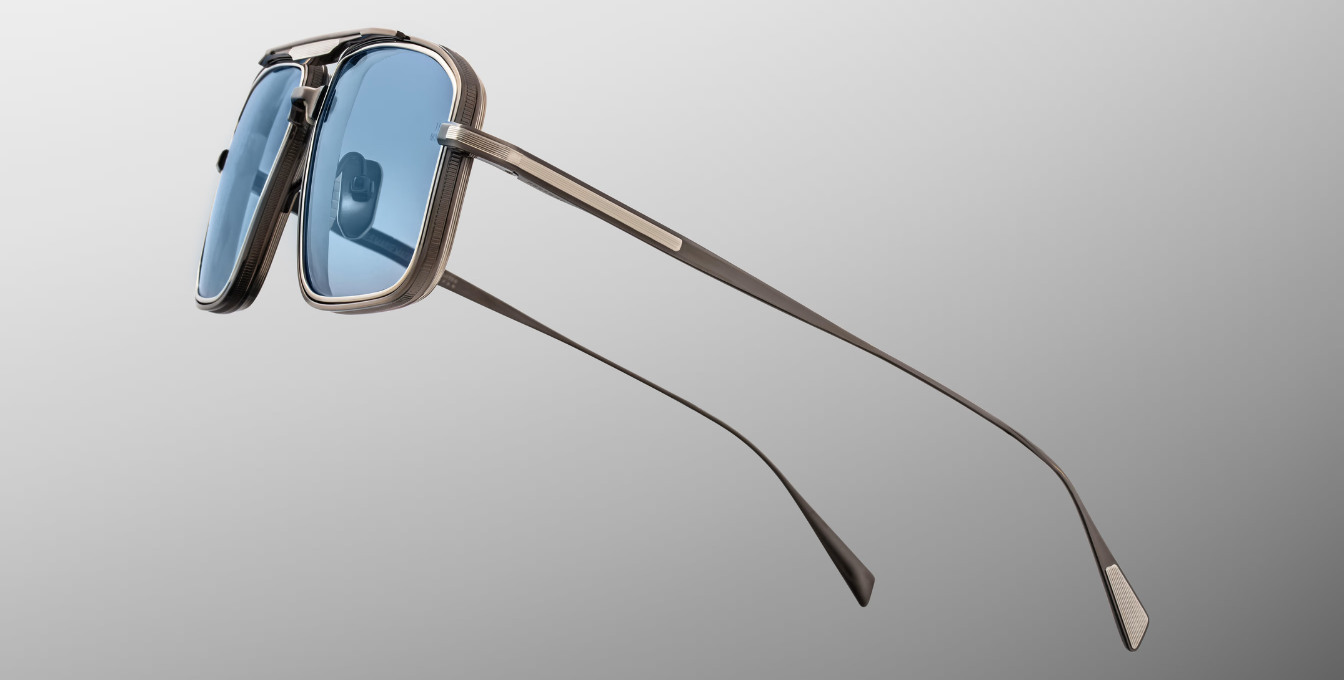 jacques marie mage earl antique silver eckige aviator sonnenbrille in gunmetal und silber mit blauen gläsern