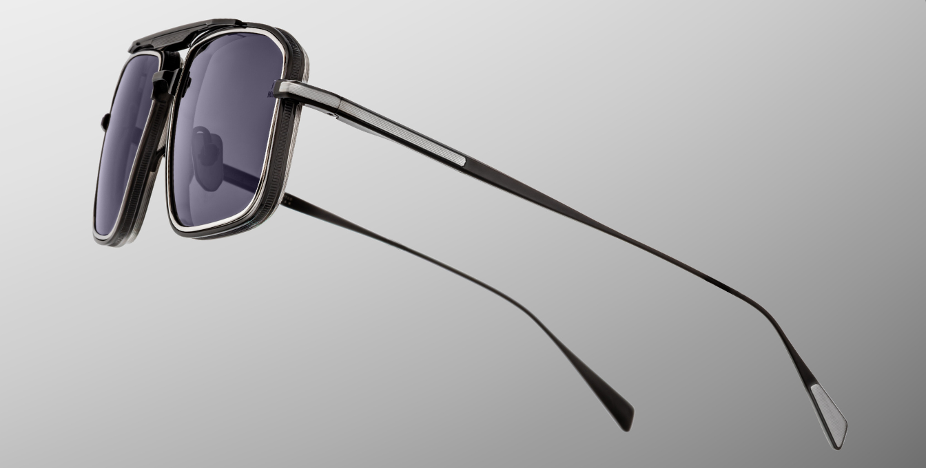 jacques marie mage earl corbeau eckige sonnenbrille in schwarz und silber mit grauen gläsern