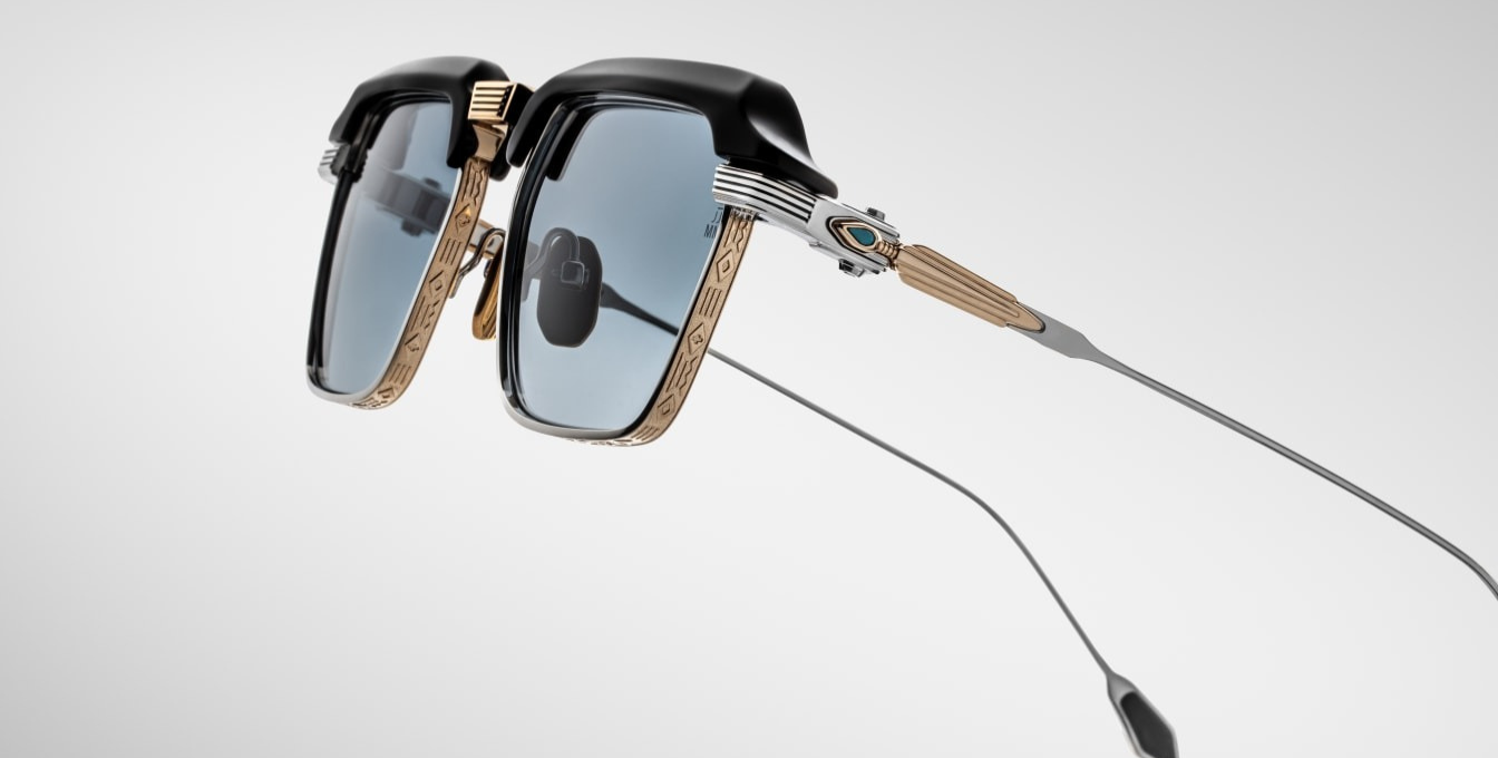jacques marie mage last frontier worland hades eckige sonnenbrille in schwarz, silbe rund gold mit blauen gläsern