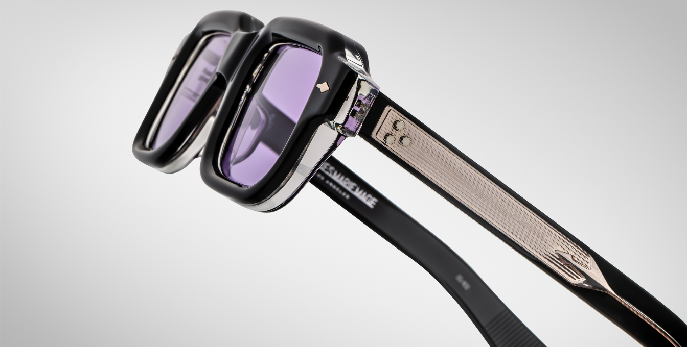 jacques marie mage sandro maverick eckige sonnenbrille in schwarz und transparent mit violetten gläsern
