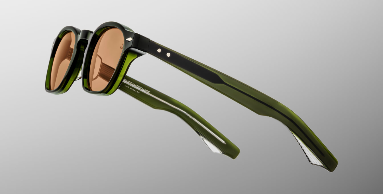 jacques marie mage zephirin borneo eckige sonnenbrille in grün aus acetat mit orangenen gläsern , handgefertigt in japan