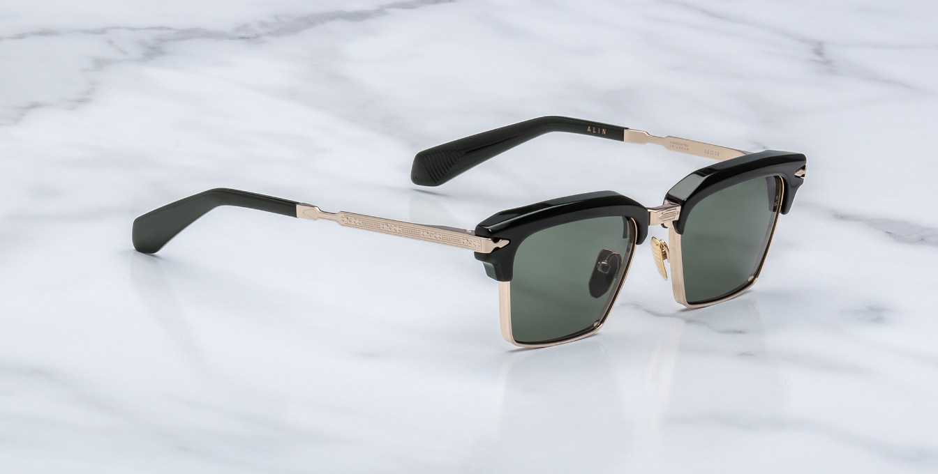 jacques marie mage alin viper eckige sonnenbrille in gold und schwarz mit grünen gläsern