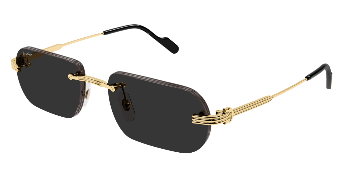cartier 0577s 001 eckige, randlose sonnenbrille in gold mit grauen gläsern