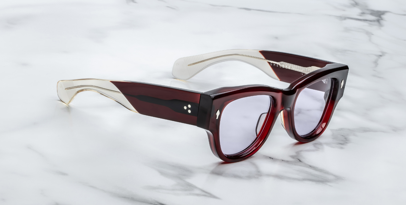 jacques marie mage chelsea cherry eckige sonnenbrille in rot mit violetten gläsern