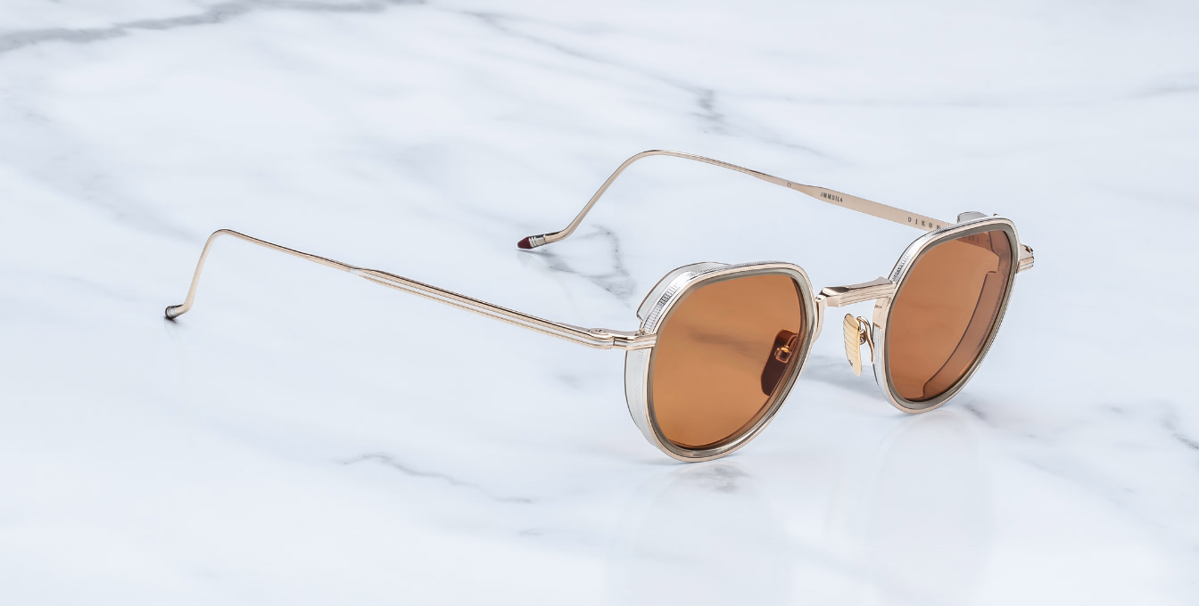 jacques marie mage dixon darjeeling pantoförmige sonnenbrille aus titan und acetat in gold und taupe mit orangenen gläsern
