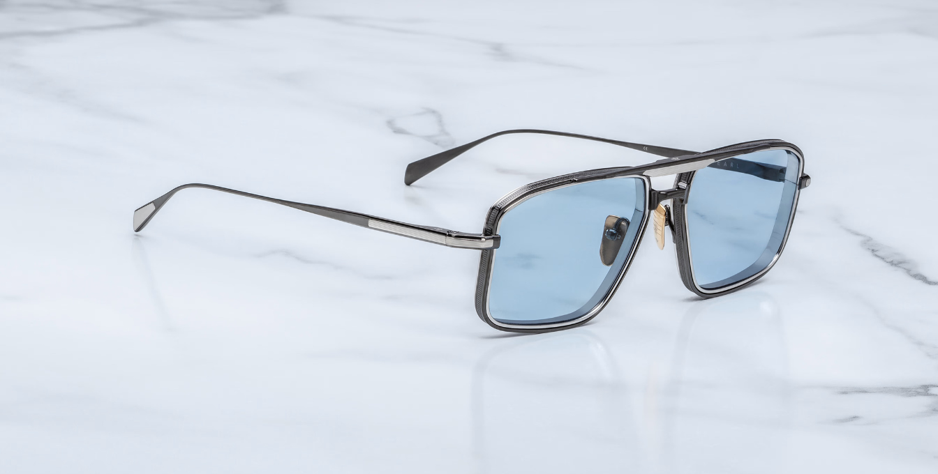 jacques marie mage earl antique silver eckige aviator sonnenbrille in gunmetal und silber mit blauen gläsern