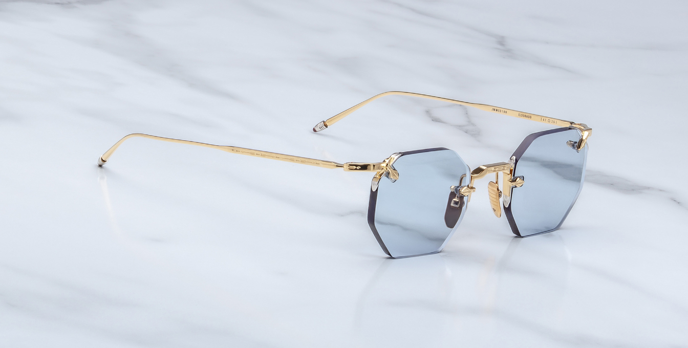 jacques marie mage el dorado ciel achteckige randlose sonnenbrille in gold mit blauen gläsern