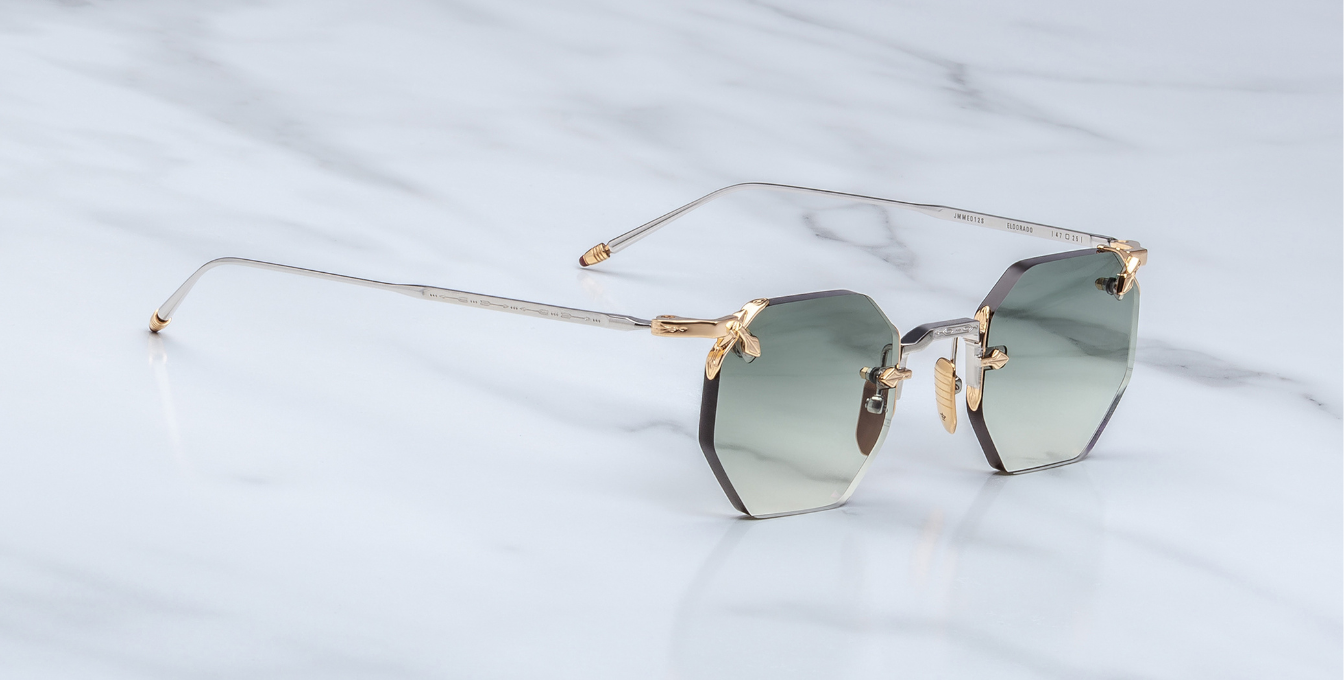 jacques marie mage eldorado electrum achteckige randlose sonnenbrille in silber und gold mit blauen gläsern