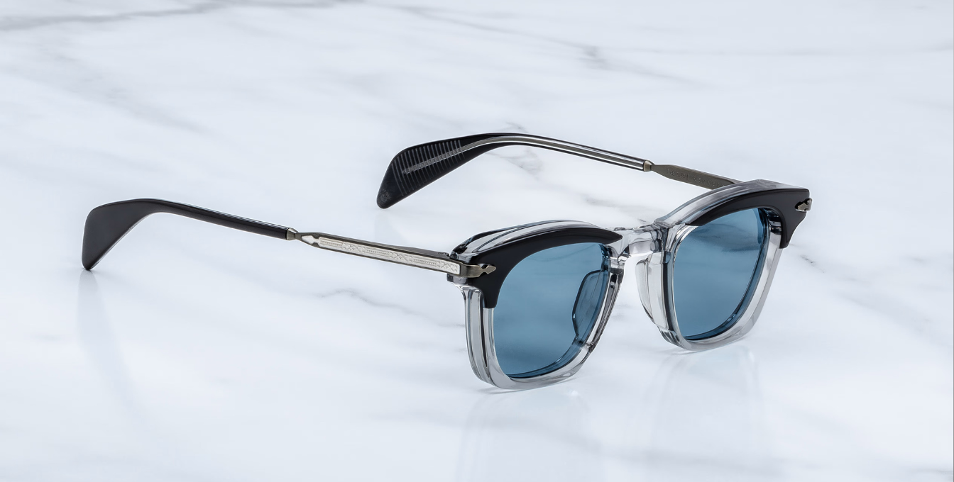 jacques marie mage kennedy sulfur eckige sonnenbrille in transparent und grau mit blauen gläsern