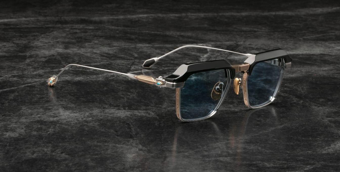 jacques marie mage last frontier worland hades eckige sonnenbrille in schwarz, silbe rund gold mit blauen gläsern