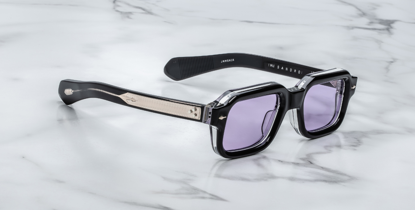 jacques marie mage sandro maverick eckige sonnenbrille in schwarz und transparent mit violetten gläsern