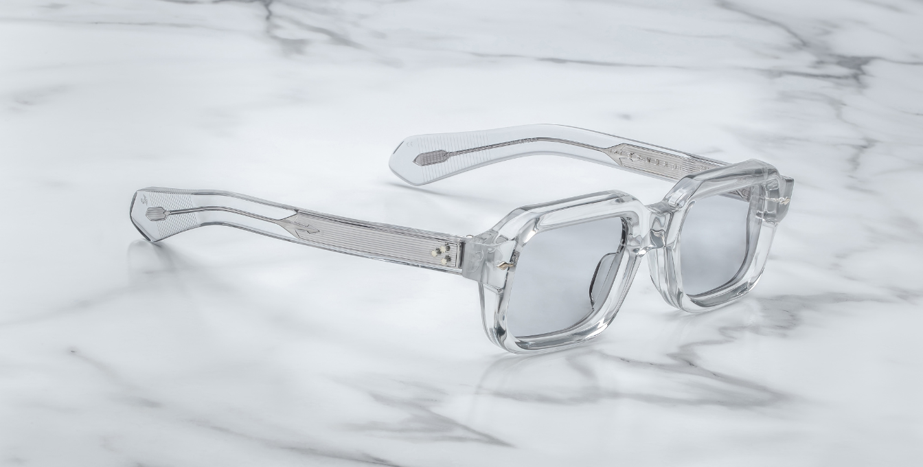 jacques marie mage sandro sulfur eckige sonnenbrille in transparent mit grauen gläsern