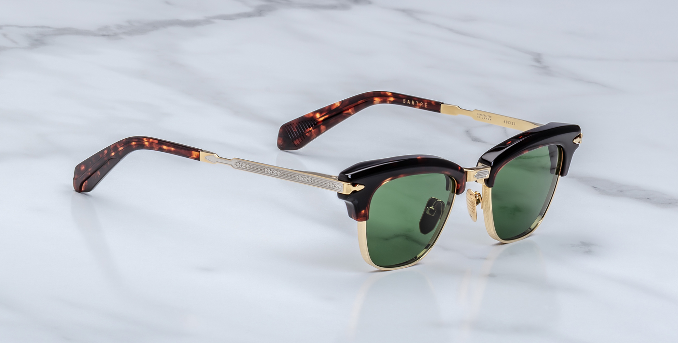 jacques marie mage sartre etna cateye sonnenbrille in silber, gold und havana mit grünen gläsern
