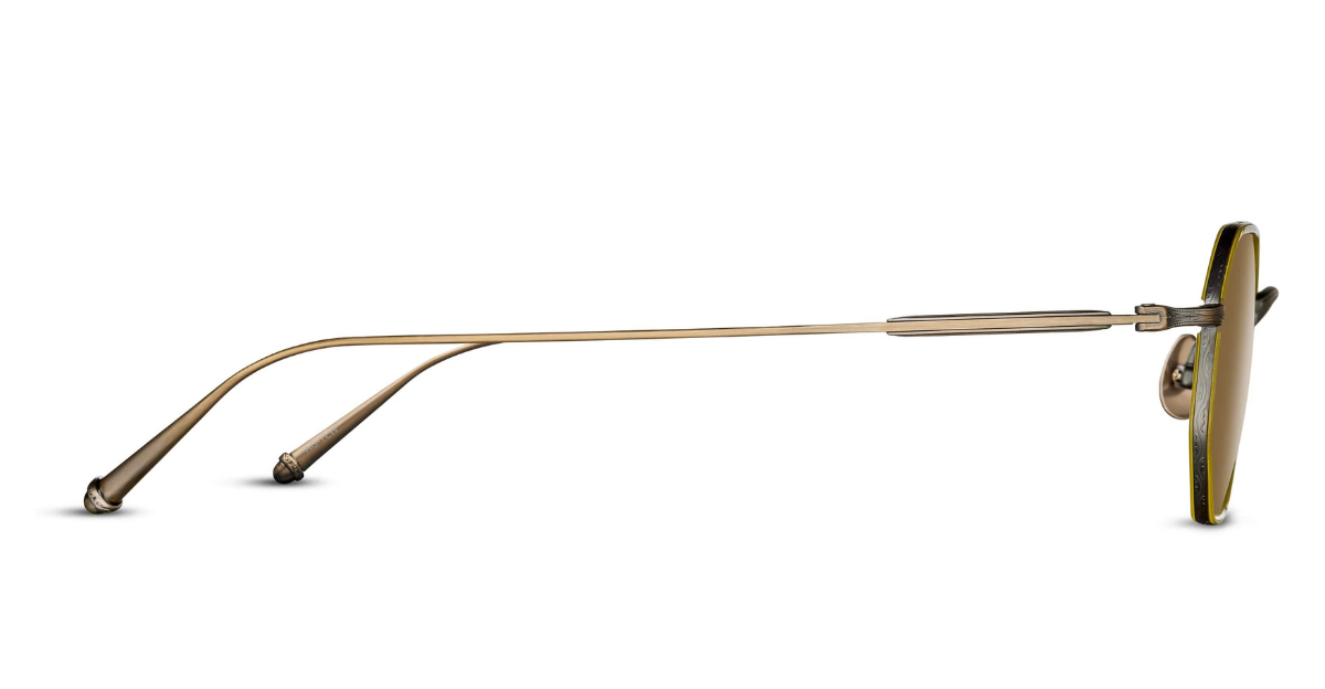 matsuda M3086-I_AntiqueGold-Yellow eckige sonnenbrille aus titan und acetat in gold und gelb mit braunen gläsern