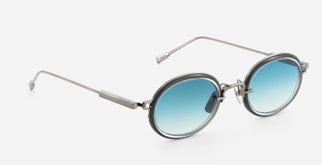 sato acamar II as/BB-1 ovale sonnenbrille aus titan in silber und schwarz mit blauen verlaufsgläsern