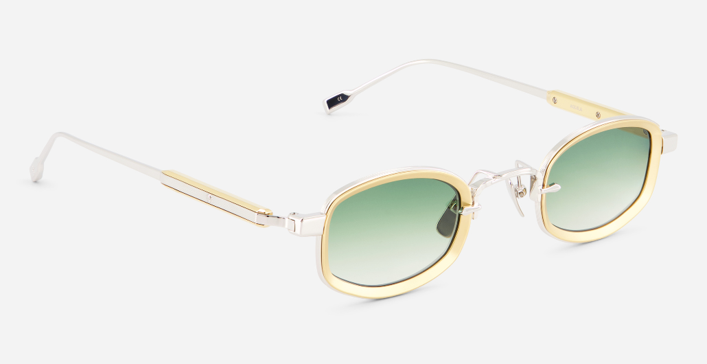 sato aquila p/yg-1 eckige sonnenbrille aus titan in platinum und gelbgold mit grünen verlaufsgläsern