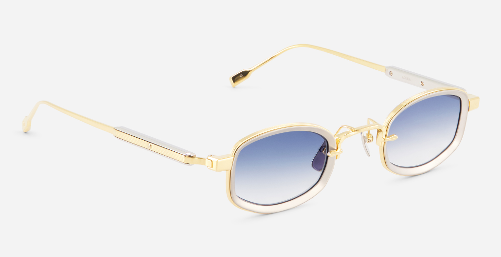 sato aquila yg/p-1 eckige sonnenbrille aus titan in gelbgold und platinum mit blauen verlaufsgläsern