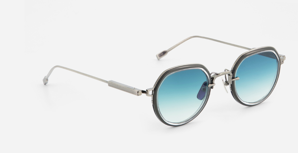 Sato Belell II AS/BB-1 pantoförmige sonnenbrille aus titan in silber und schwarz mit blauen verlaufsgläser
