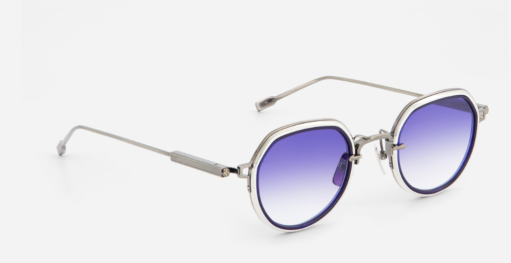 sato Belell II AS/P-1 pantoförmige sonnenbrille aus titan in silber mit blauen verlaufsgläser