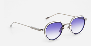 sato Belell II AS/P-1 pantoförmige sonnenbrille aus titan in silber mit blauen verlaufsgläser