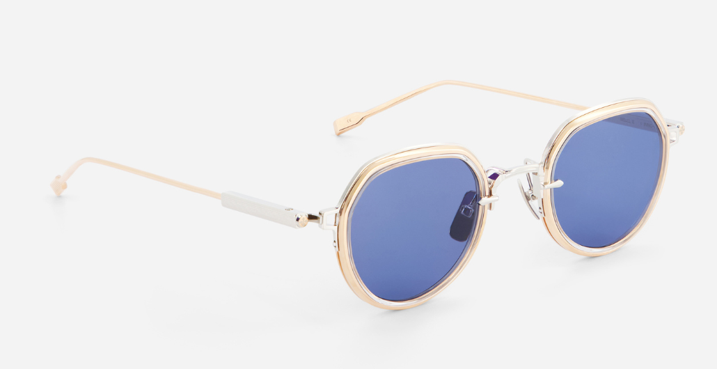 sato Belell II P/RG-1 panfoförmige sonnenbrille aus titan in silbe rund gold mit blauen gläsern