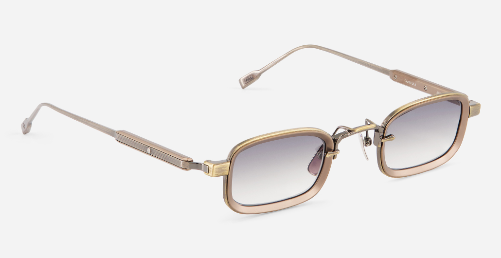 sato canicula as/mb-1 rechteckige sonnenbrille aus titan in matt silber und matt braun mit grauen verlaufsgläsern