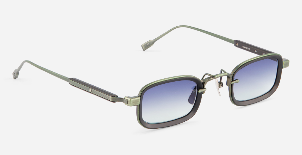 sato canicula mg/b-1 rechteckige sonnenbrille aus titan in matt grün und matt schwarz mit blauen verlaufsgläsern