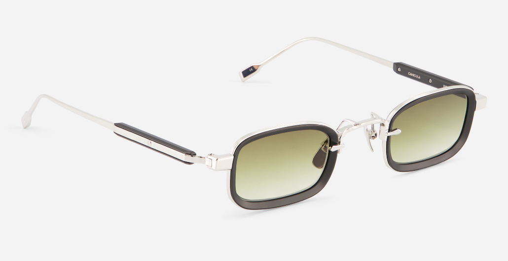 sato canicula p/b-1 rechteckige sonnenbrille aus titan in platinum und matt schwarz mit grünen verlaufsgläsern