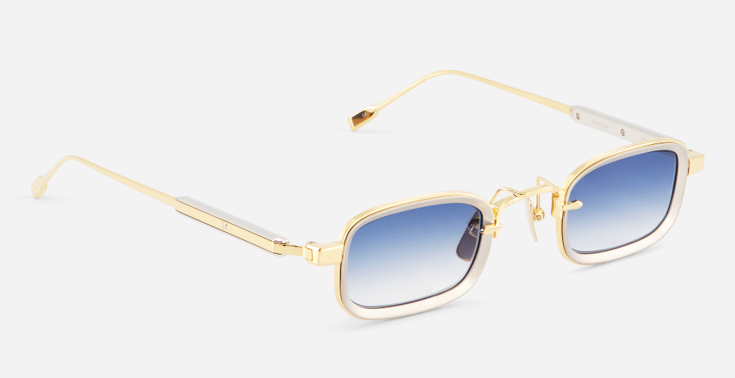sato Canicula yg/p-1 rechteckige sonnenbrille aus titan in gelbgold und platinum mit blauen verlaufsgläsern
