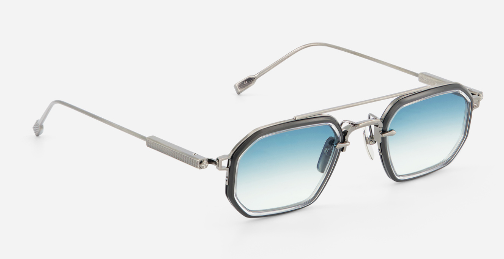 sato kursa as/bb-1 rechteckige sonnenbrille mit doppelsteg in silber und schwarz mit blauen verlaufsgläsern