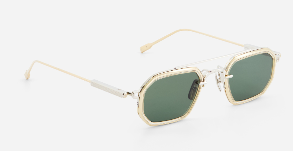 sato kursa p/lg-1 rechteckige sonnenbrille mit doppelsteg aus titan in silber und gold mit grünen gläsern
