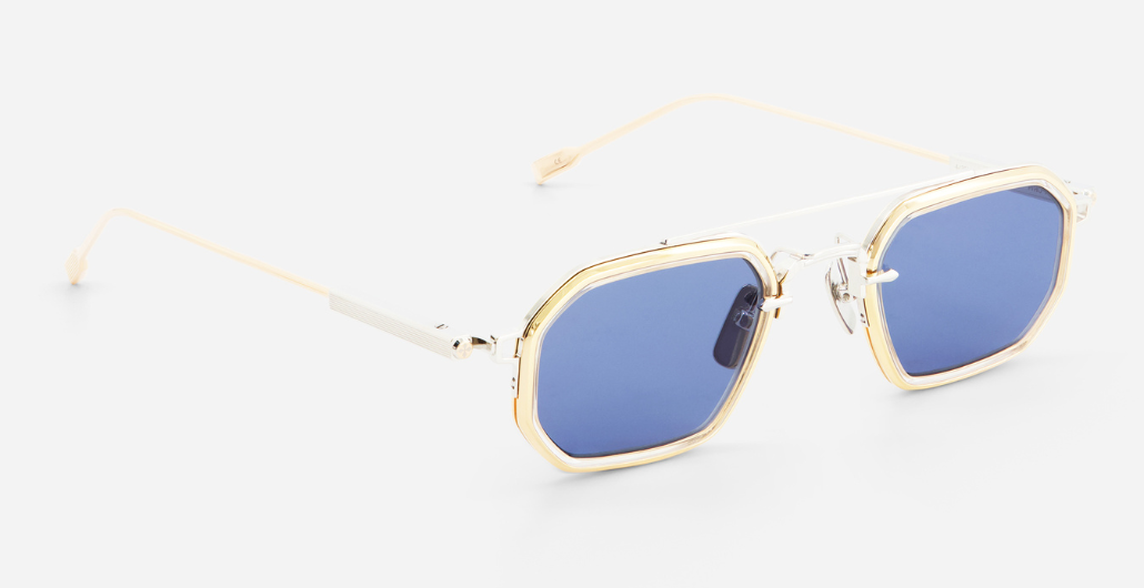 sato kursa p/rg-1 rechteckige sonnenbrille mit doppelsteg aus titan in silber und rosegold mit blauen gläsern