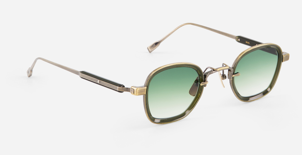 sato rigel ag/o-1 eckige sonnenbrille aus titan und acetat in gold und olive mit grünen verlaufsgläsern