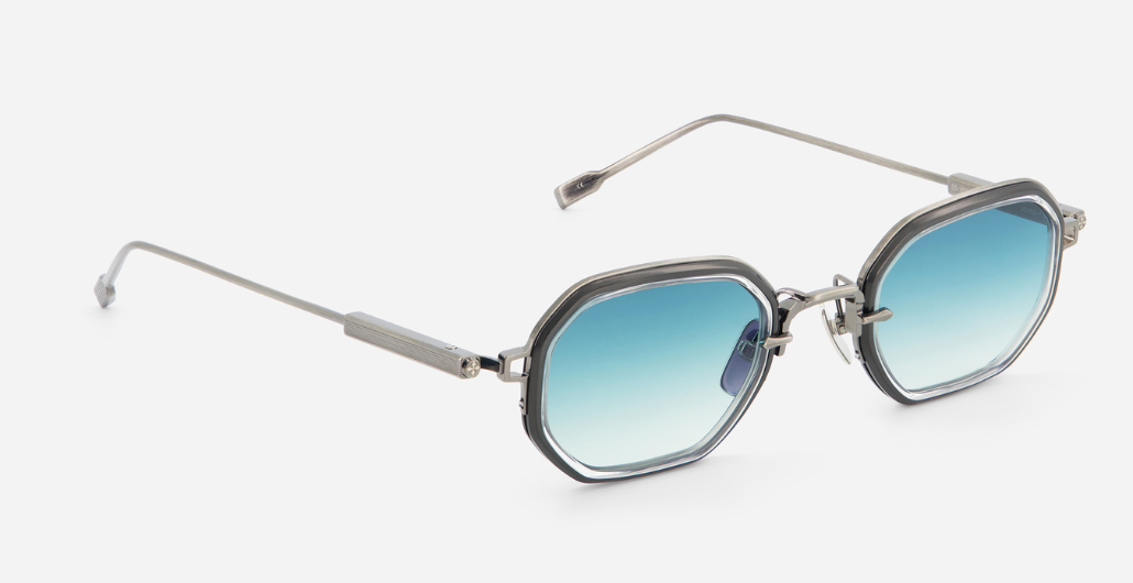 sato timir II as/bb-1 rechteckige sonnenbrille aus titan in silber und schwarz mit blauen verlaufsgläsern
