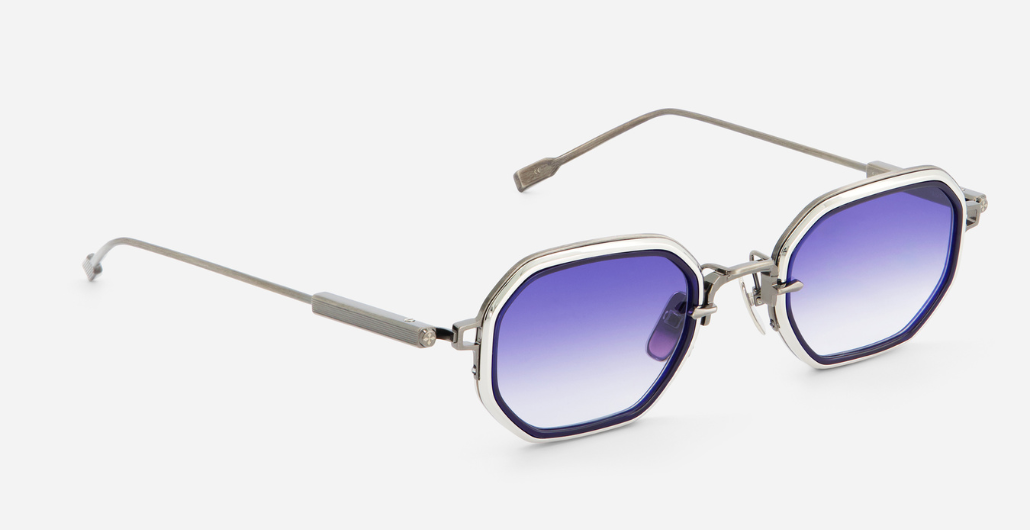 sato Timir II | AS/P-1 rechteckige sonnenbrille aus titan in silber mit blauen verlaufsgläser