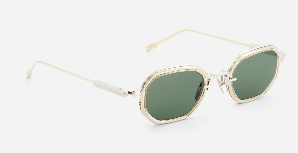 sato timir II p/lg-1 rechteckige sonnenbrille aus titan in silber und gold mit grau grünen gläsern