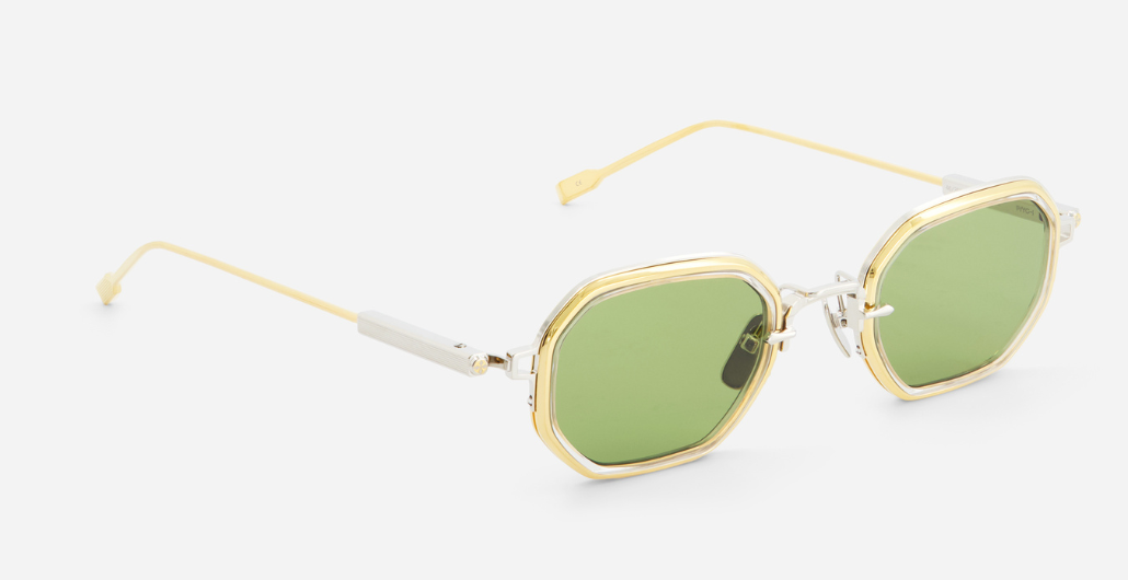 sato timir II P/yg-1 rechteckige sonnenbrille aus titan in gold und silber mit grünen gläsern