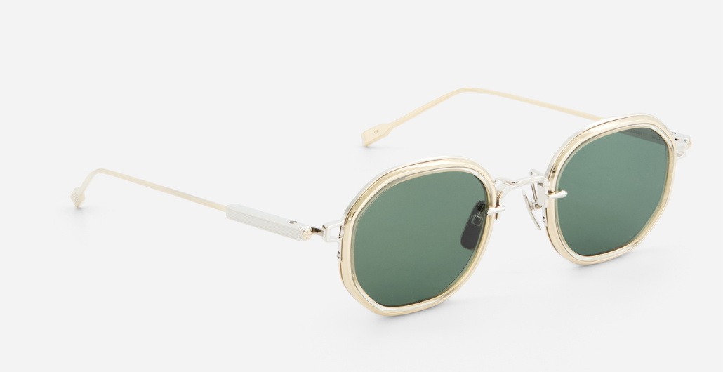 sato toliman II p/lg-1 eckige sonnenbrille aus titan in silber und gold und grau grünen gläsern