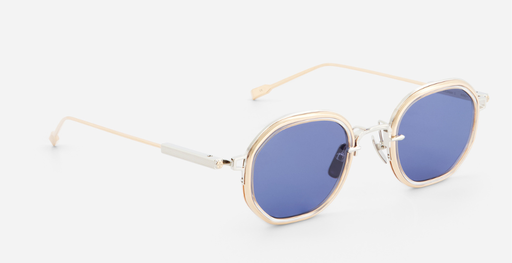 sato Toliman II | P/RG-1 eckige sonnenbrille aus titan in silber und gold mit blauen gläsern