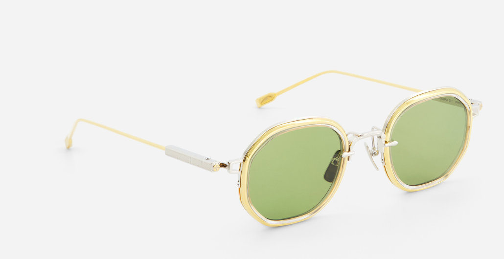 sato Toliman II P/YG-1 eckige sonnenbrille aus titan in silber und gold mit grünen gläsern