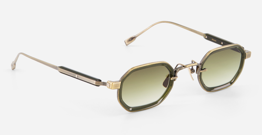 sato erakis ag/o-1 eckige sonnenbrille in antique gold und olive mit olive verlaufenden gläsern