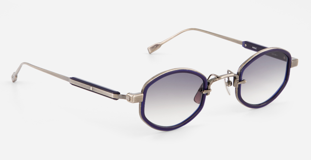 sato mirac as/nd-1 ovale sonnenbrille aus titan in antique silber und navy blau mit grauen verlaufsgläsern
