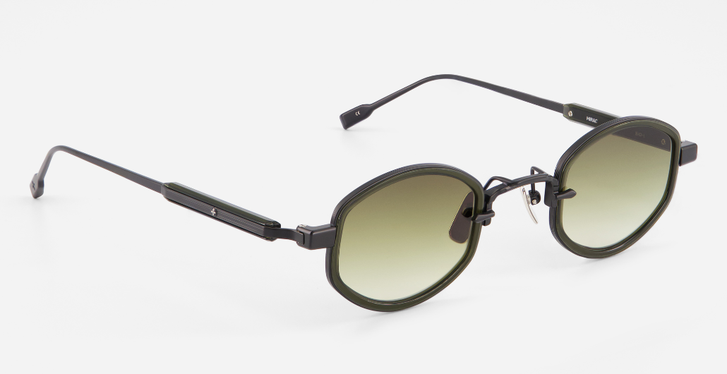 sato mirac b/o-1 ovale sonnenbrille aus titan in matt schwarz & olive mit olive farbenen Verlaufsgläsern